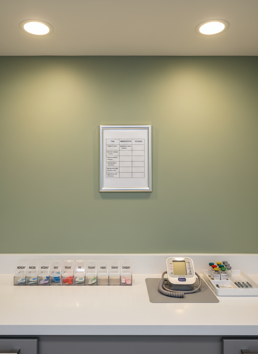 A bright, organized medication management station in an assisted living home, with a smooth white countertop and labeled weekly pill organizers aligned in a precise row. Beside them, a sleek digital blood pressure monitor and a small tray with neatly arranged vials stand on a non-slip mat. The wall behind is painted a soft sage green and features a framed, easy-to-read medication schedule chart. Overhead, warm but clinical LED panel lighting creates even, shadow-free illumination that emphasizes cleanliness and order. Captured in photographic realism from a slightly elevated angle, the image has sharp focus throughout, conveying a sense of safety, accuracy, and professional medical oversight in a serene, clutter-free environment, with no human presence visible.