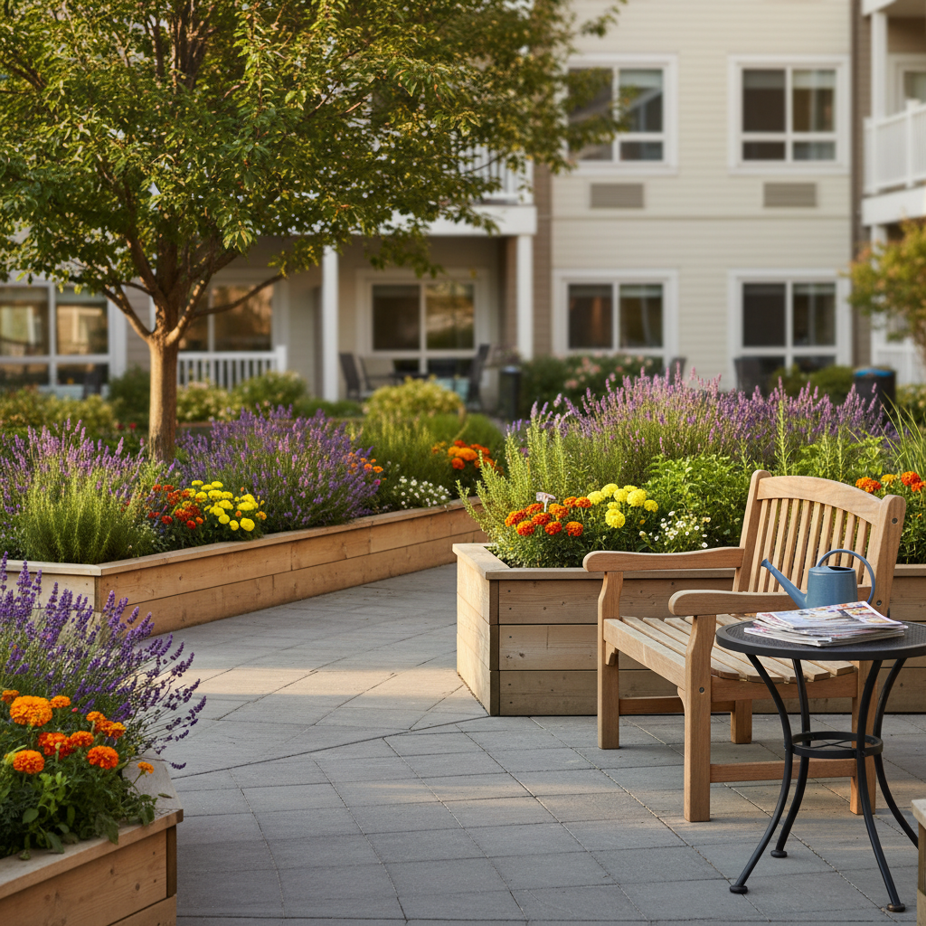 A serene outdoor garden patio of a residential assisted living home, featuring a smooth, wheelchair-friendly stone pathway winding between raised planter beds filled with blooming lavender, marigolds, and leafy herbs. A sturdy wooden bench with a high back and armrests sits beside a small, round metal table holding a ceramic watering can and a neatly arranged stack of large-print magazines. Warm late-afternoon sunlight filters through the leaves of a nearby shade tree, creating dappled light patterns on the path and furniture. In the soft-focus background, the building’s exterior is visible with large windows and light-colored siding. Photographic realism, shot at eye level using the rule of thirds, with a tranquil, inviting atmosphere that emphasizes accessibility, nature, and peaceful community spaces, without any people present.