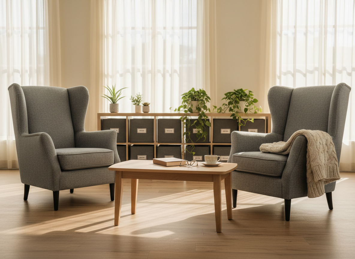 A sunlit communal living room in a residential assisted living home, featuring a pair of plush, high-backed armchairs upholstered in soft dove-gray fabric arranged around a low, light-oak coffee table with rounded corners. A neatly folded knitted blanket rests over one chair arm, beside a hardcover book and a pair of reading glasses on the table. Large windows framed by sheer ivory curtains allow gentle afternoon daylight to pour in, casting soft, elongated shadows on the warm wood flooring. In the softly blurred background, built-in shelves hold labeled storage baskets and a few potted green plants. Photographic realism, eye-level composition with a shallow depth of field, creating a calm, welcoming, and professional atmosphere that conveys comfort and attentive care without showing any people.