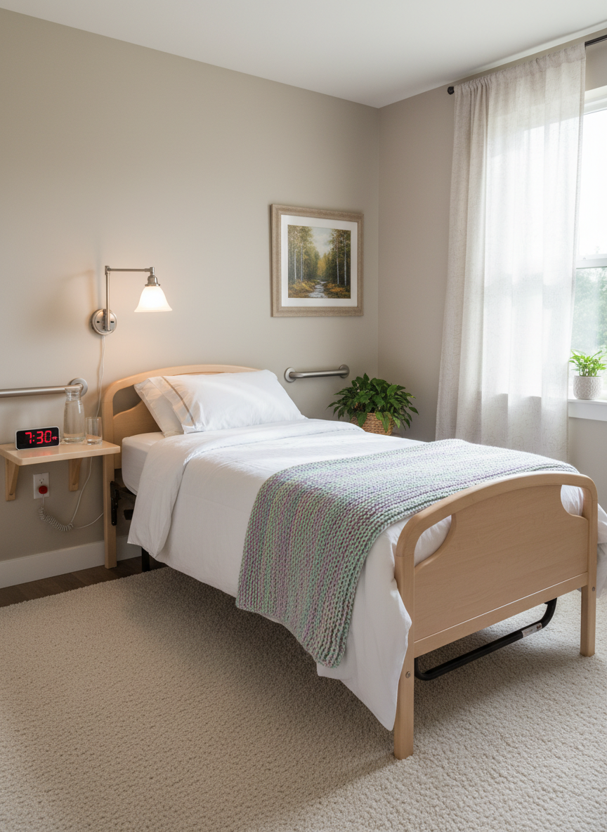 A cozy private bedroom in a residential assisted living home, centered on an adjustable hospital-style bed discreetly designed with a pale birch wood frame and crisp white linens. A soft, knitted pastel throw lies neatly at the foot, and a small, programmable reading lamp is mounted on the wall above a floating bedside shelf holding a water carafe and a digital alarm clock with large numbers. A window with light-filtering curtains lets in gentle morning light, creating a soft glow and subtle shadows across the neutral walls. A grab bar is discreetly integrated near the bed, and a call-button panel is visible but unobtrusive. Photographic realism at eye level with balanced composition, conveying comfort, dignity, and safety in a peaceful, home-like setting without any people present.
