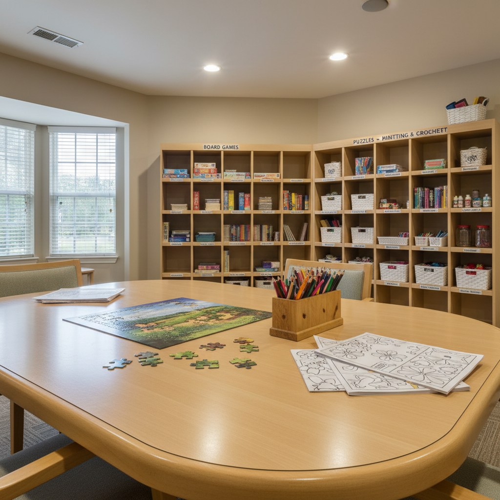 A well-equipped activity and crafts corner in an assisted living home, centered on a wide, light-maple table with rounded edges and an easy-to-clean surface. On the table, a half-completed jigsaw puzzle with large, clearly printed pieces is laid out beside a set of colored pencils organized in a wooden holder and a few adult coloring books with simple, bold patterns. In the background, neatly labeled storage cubbies contain board games, puzzles, and art supplies. Soft overhead lighting combined with daylight from a nearby window creates an even, gentle brightness that minimizes harsh shadows. Photographic realism, captured from a slightly elevated angle with moderate depth of field, evoking a calm, engaging, and mentally stimulating environment designed for older adults, with no people shown.