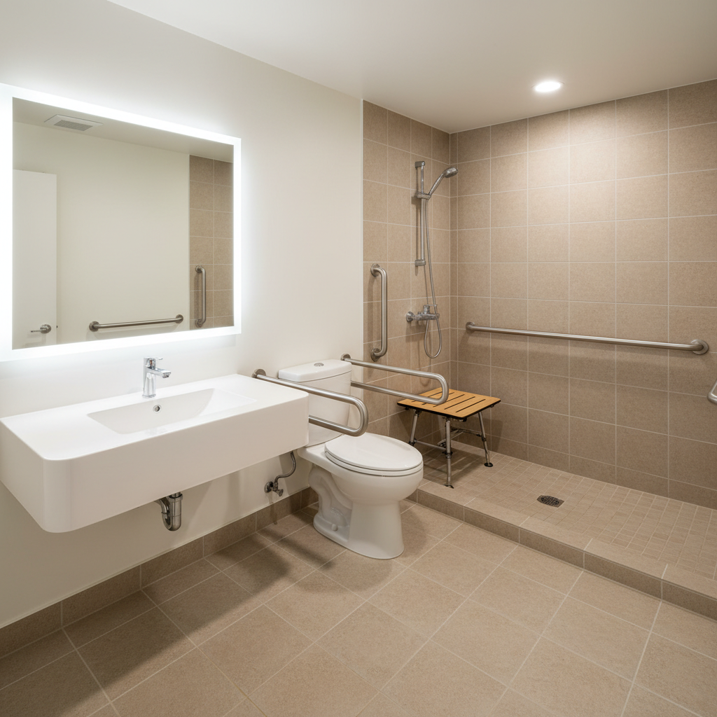 A spotless, accessible bathroom designed for assisted living, featuring a walk-in shower with a low-threshold entry, textured non-slip tiles in soft sand tones, and sturdy stainless steel grab bars installed at precise heights. A fold-down teak shower seat is positioned under a sleek handheld showerhead with a long hose. Nearby, a raised, comfort-height toilet with side rails sits beside a floating vanity with rounded edges, a wide porcelain sink, and a large, fog-free mirror. Bright, diffused overhead lighting combined with a subtle LED strip under the mirror creates a clean, evenly lit space. Photographic realism, captured from a wide-angle, slightly elevated perspective to show full accessibility. The mood is reassuring, hygienic, and thoughtfully designed for safety and independence, with no people visible.